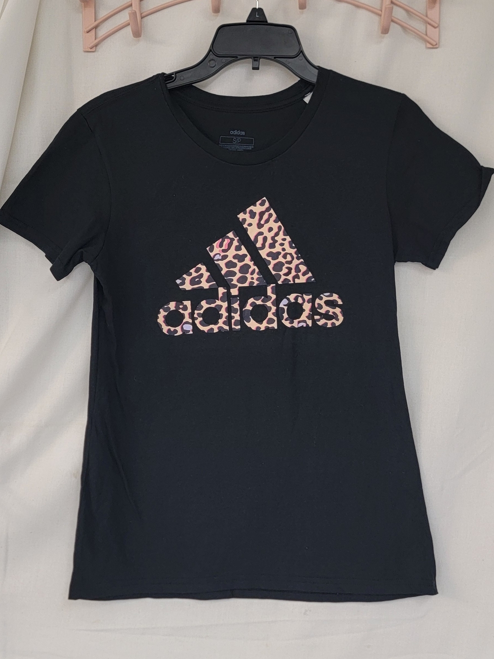adidas Women's Black Tee with Pink Leopard Logo